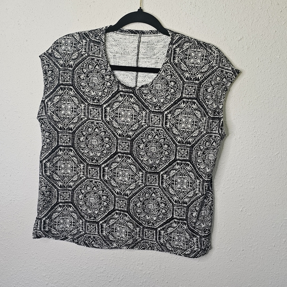 Westbound Petites Womens PM Black White Geometric Medallion Cotton Short Sleeve